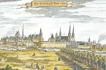 Electoral Residence Berlin-Cologne (colourised copperplate engravement from Kaspar Merian, 1562)